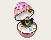 romantic pink Limoges music egg with two browns sparrows lovers. Swan lake music. personalized gift for porcelain wedding.