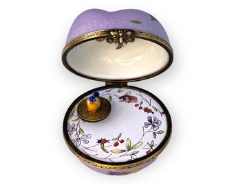 Singing bird/Purple apple music box /colored bird key . bee glasp. Ave Maria music. French Limoges personalised craft
