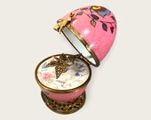romantic pink Limoges music egg with metal butterfly. Swan lake music. personalized gift for porcelain wedding.