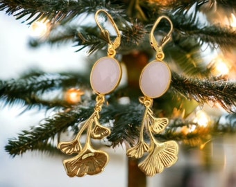 Boucles d'oreilles femme, pierre semi-précieuse, ginkgo biloba, élégance naturelle, cadeau exquis pour sublimer chaque instant.