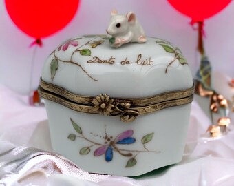 Carillon topo con denti da latte, porcellana di Limoges, romantico regalo di nascita, personalizzabile, un souvenir francese unico.