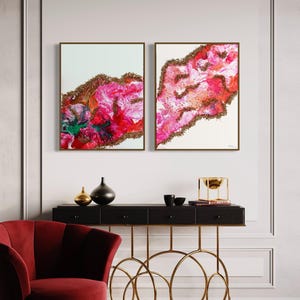 Diptych (2 Canvases) Abstract Geode – Original Textured Canvases in Pink, Orange, Green & Gold | Modern Wall Art.