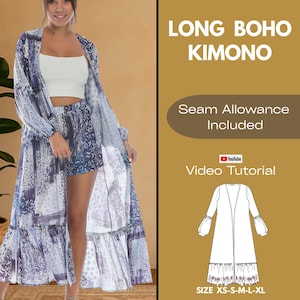 Women's Kimono Sewing Pattern with Seam Allowance, Long Boho Robe PDF Pattern, Easy DIY Kimono with Video Tutorial