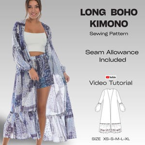 Women&#39;s Kimono Sewing Pattern with Seam Allowance, Long Boho Robe PDF Pattern, Easy DIY Kimono with Video Tutorial