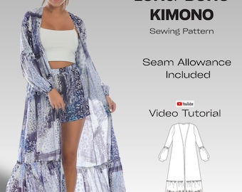 Patrón de costura de kimono para mujer con margen de costura, patrón PDF de bata bohemia larga, kimono DIY fácil con videotutorial