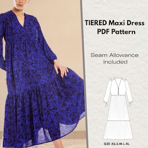 Tiered Maxi Dress Sewing Pattern, Long Sleeve V-Neck Dress PDF, Flowing Loose Fit,  Sizes XS-XL,