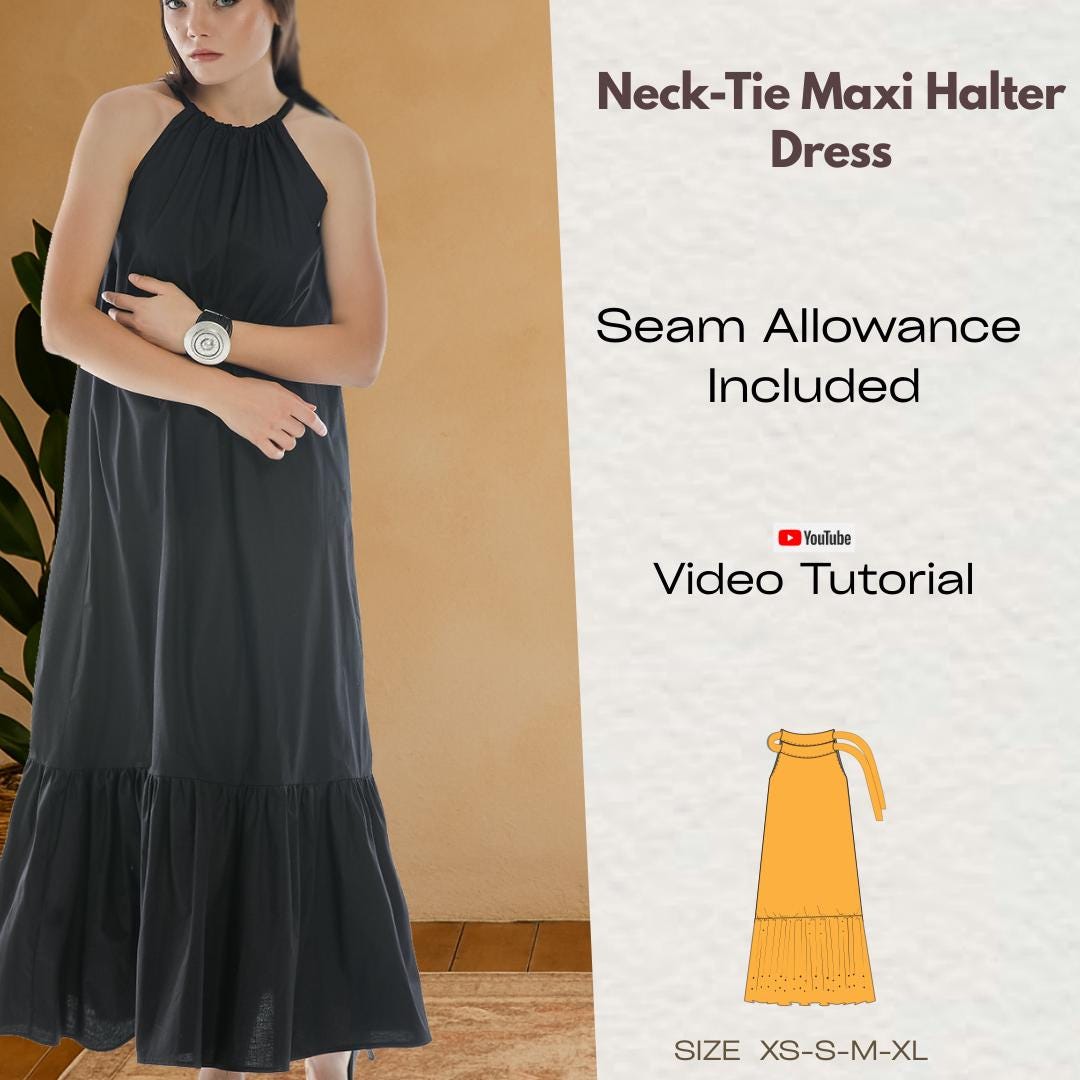 Neck-tie Maxi Halter Dress Sewing Pattern PDF, Plus Size Dress Pattern ...