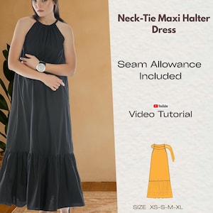 Neck-Tie Maxi Halter Dress Sewing Pattern PDF, Plus Size Dress Pattern, Tiered  Dress, Sleeveless Coverup Summer Dress, Video Tutorial