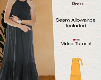 Maxi-Neck-Tier-Kleid mit Neckholder-Schnittmuster PDF, Schnittmuster für Übergrößen, gestuftes Kleid, ärmelloses Sommerkleid, Video-Tutorial