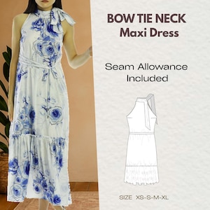 Bow Tie Maxi Dress Sewing Pattern - PDF Pattern with Seam Allowance | Halter Tiered Dress with Bow | Printable Summer Dress Pattern XS-XL