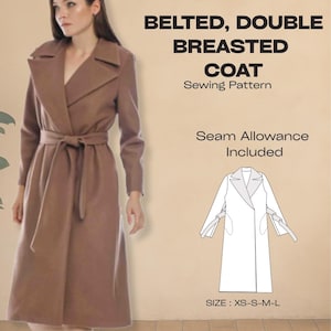 PDF Easy Coat Sewing Pattern, Belted Wool Coat, Double-Breasted Wool Jacket, Winter Jacket Coat Sewing Pattern for Women, Long Coat Pattern,