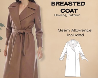 PDF Easy Coat Sewing Pattern, Belted Wool Coat, Double-Breasted Wool Jacket, Winter Jacket Coat Sewing Pattern for Women, Long Coat Pattern,