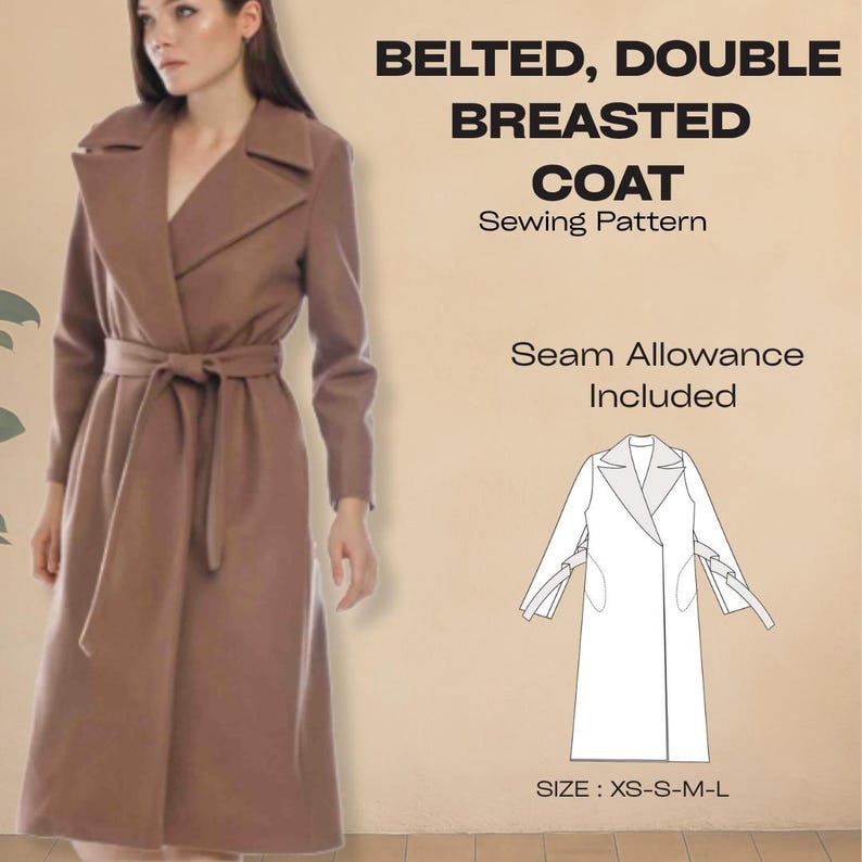 PDF Schnittmuster Schnittmuster , Wollmantel mit Gürtel , zweireihige Wolljacke , Winter Jacke Mantel Schnittmuster für Frauen, Schnittmuster Langer Mantel , Bild 1
