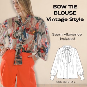 Bow Tie Blouse Sewing Pattern/Puff Long Sleeve Pattern /Victorian Blouse PDF / Vintage Style Shirt Pattern/ Easy Sewing Project