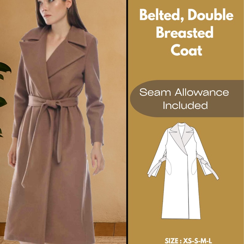 PDF Schnittmuster Schnittmuster , Wollmantel mit Gürtel , zweireihige Wolljacke , Winter Jacke Mantel Schnittmuster für Frauen, Schnittmuster Langer Mantel , Bild 9