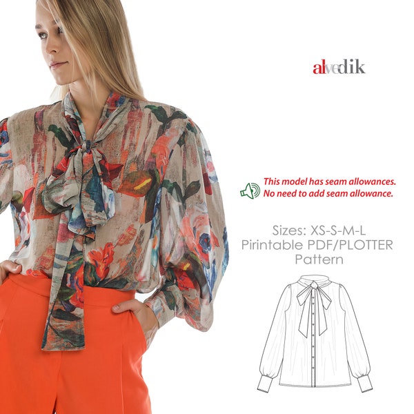 Tie Neck Shirt Sewing/Women Blouse Pattern/A4+A0+LETTER PDF pattern/Digital download