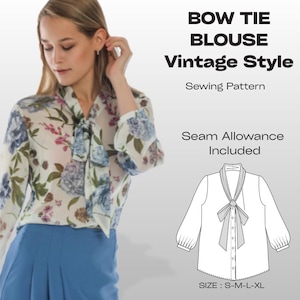 Bow Tie Blouse Sewing Pattern PDF, Beginning Loose Blouse Pattern, Easy Women’s Top Sewing Pattern, Beginner PDF Instant Download