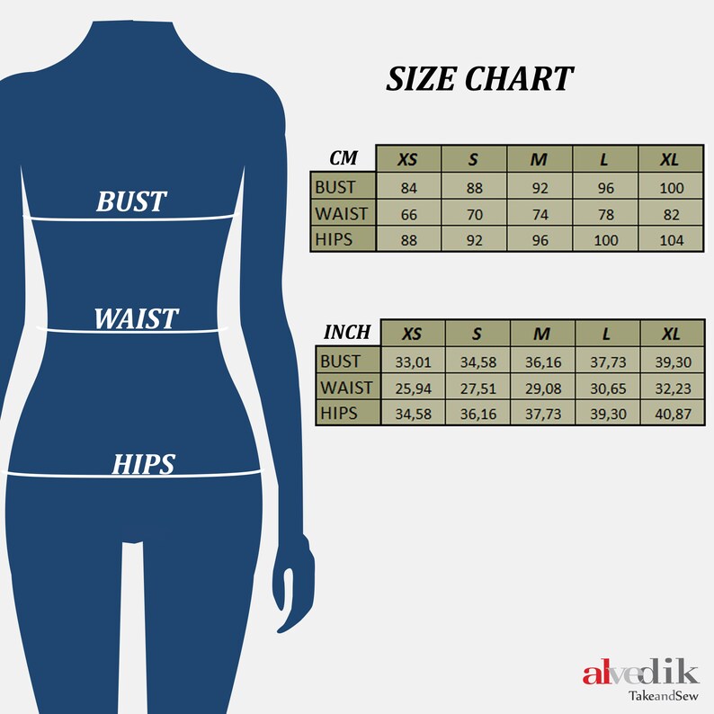 K&ouml;nnte beinhalten: Gr&ouml;&szlig;entabelle f&uuml;r Kleidung in Zoll und Zentimetern. Die Tabelle zeigt die Ma&szlig;e f&uuml;r Brust, Taille und H&uuml;fte in den Gr&ouml;&szlig;en XS, S, M, L und XL.