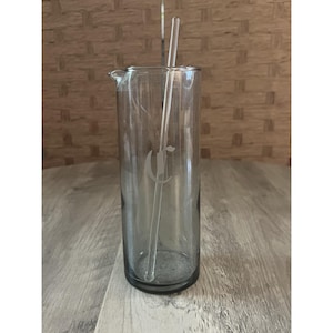 Vtg Glass Cocktail Martini Pitcher & Stirrer Smoke Gray MCM Etched Letter C VGC!