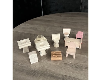 10 pc Set of Vintage Dollhouse Furniture Toilets Sinks More Fair To Good Cond.