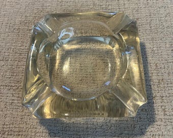 Vintage Square Clear Glass Ashtray Heavy Thick Glass 4 Slot Anchor Hocking