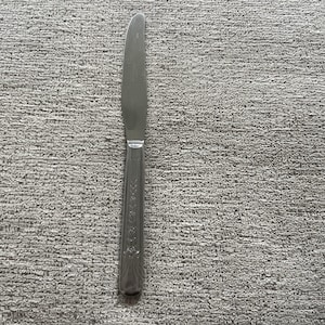 Könnte beinhalten: Ein Tafelmesser aus Edelstahl mit abgerundeter Klinge und dekorativem Griff. Der Griff weist ein geprägtes Blumen- und Blättermuster auf. Das Messer ist für den Gebrauch am Esstisch bestimmt.