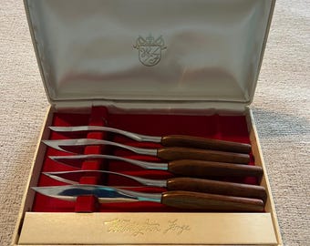 Vintage Washington Forge Steak Knife Set 5 Piece Wood Handle Mid Century MCM Box