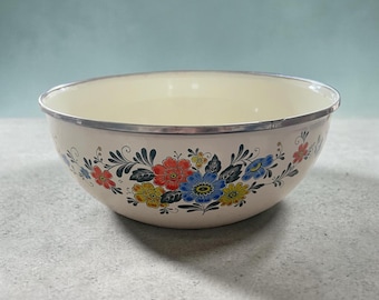 Vintage Kobe Kitchen Enamel Floral Mixing Bowl Made in Japan 10.5" Cottage Core