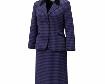 Conjunto de falda y chaqueta Evan Picone de estampado pata de gallo morado, talla 14W, fabricado en EE. UU.