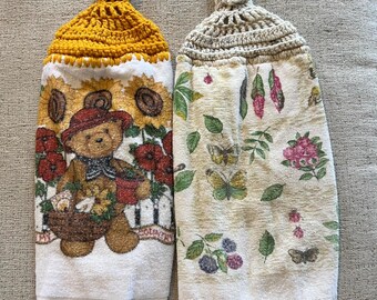 Vintage Crochet Top hängenden Küchentücher Set von 2 Teddybär Botanical
