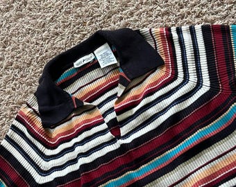 Polo de punto acanalado a rayas multicolor vintage White Stag con cuello en V, talla grande