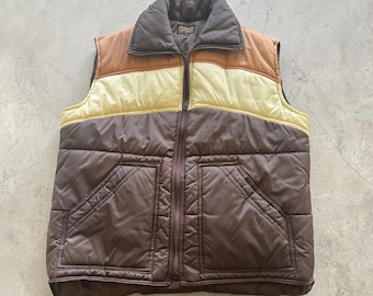 Vintage Hadway Sportswear Men Brown Colorblock Puffer Vest Large 70s Retro Quilt
