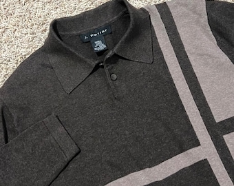 J Ferrar Vintage Long Sleeve Polo Sweater Dark Brown Gray Colorblock Men's Sz S