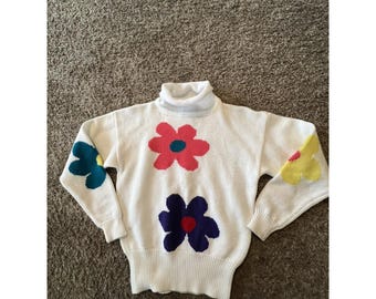 Vintage EIR Women's White Floral Sweater Size 12 Bright Colors Mock Neck