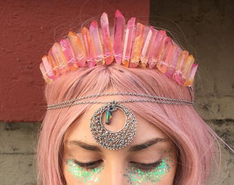 The Pink Lemonade [Pink & Orange Crystal Quartz Crown] Quartz Crown, Mermaid Barbie, Prom Hair, Festival Headpiece, Rave Tiara