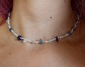 Gargantilla de oro y plata de fluorita, joyería, delicada, delicada, boho, primavera, regalo de cumpleaños para ella, boho, bruja, piedra preciosa
