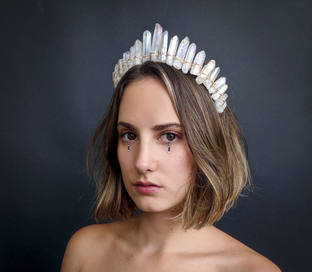 Aura Natural Raw Clear Quartz Angel Crystal Goddess Tiara Crown Wrapped Silver Angel Dust Crystal Crown with Angel Aura Quartz | Little  main image 4