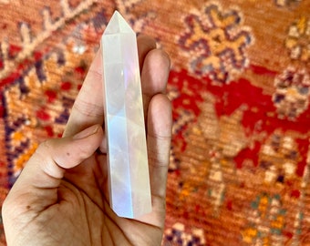 Rose Quartz crystal obelisk,  (DISCOUNTED small chip, see photos) big pink mystic quartz, fairy Quartz, iridescent, rainbow, crystal point,