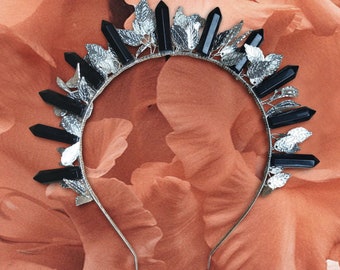 The Dark Athena Halo Crown - [Black Onyx Crystal Crown) Eclectic Bridal Headpiece, Goth Bridal Crown, Goth Wedding, Silver Leaf Headband
