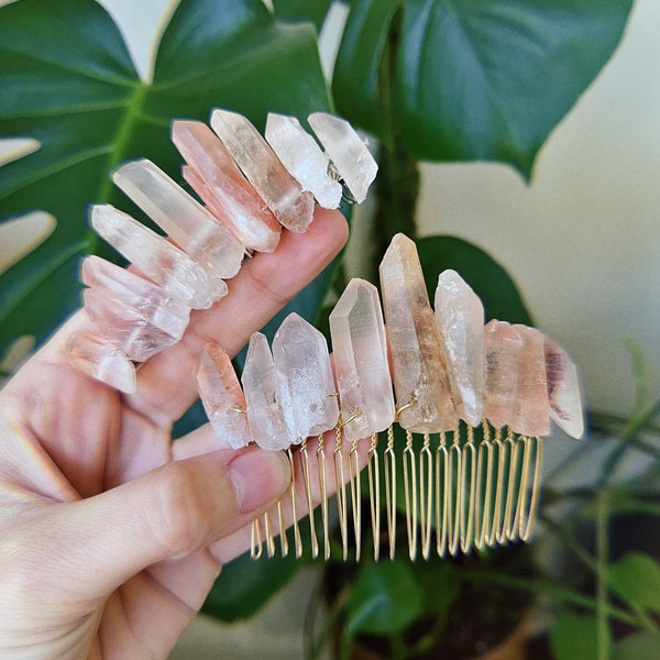 Rose Quartz Bun Holder or Mini Tiara, Pink Decorative Comb, Crystal Hairclip, Wedding Hair Accessories, Accessory for Bridal Party, Gemstone