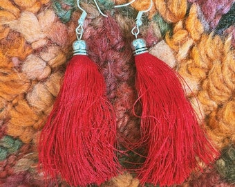 Red Turkish Fringe Earrings, bohemian, market, hook earrings, turquoise, hippie, boho, turkey, Middle Eastern jewelry, Joshua tree, festie