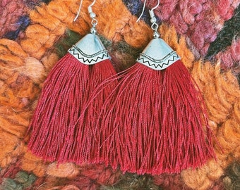 Red Turkish Fringe Earrings, bohemian, market, hook earrings, turquoise, hippie, boho, turkey, Middle Eastern jewelry, Joshua tree, festie