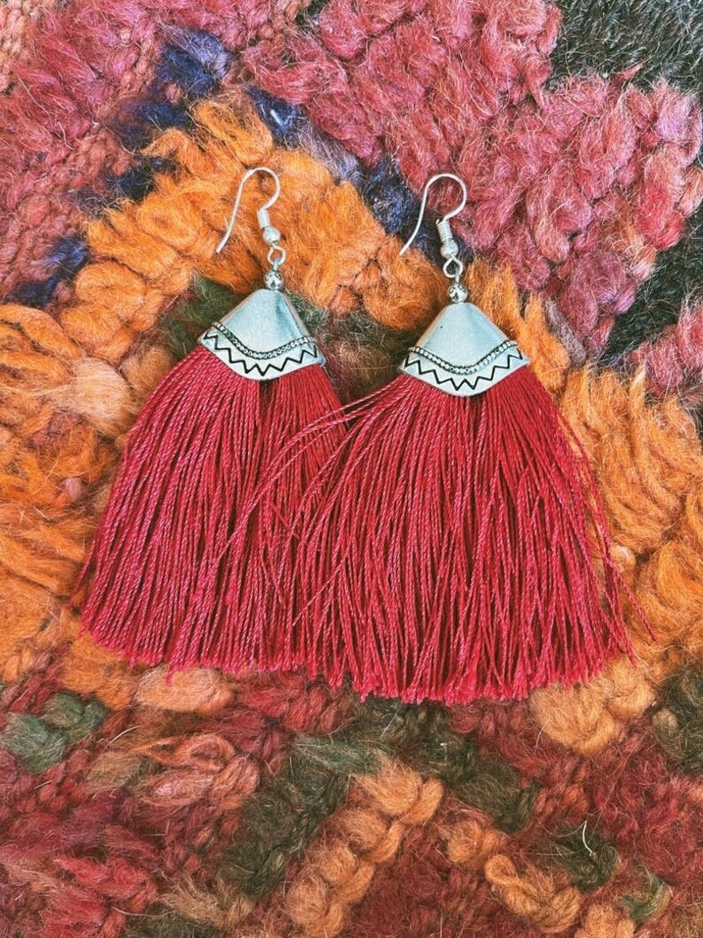 Red Turkish Fringe Earrings, bohemian, market, hook earrings, turquoise, hippie, boho, turkey, Middle Eastern jewelry, Joshua tree, festie image 1