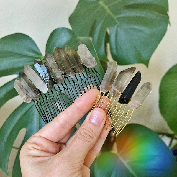 Smoky Quartz Bun Holders, Smokey Crystal Decorative Comb, Gemstone Hairclip, Goth Wedding Hair Accessories, Witch Style, Black Brown Mineral