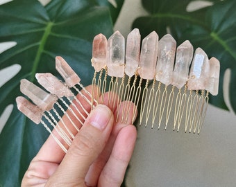Rose Crystal Quartz Comb, Pink Mystic Quartz Comb, Crystal Quartz Bun Holder, Crystal Hair Accessories, handmade accessory