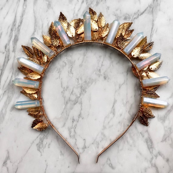 Crystal Stone Accented Leaf Crown Hera Crystal Crown with Green Aventurine and Gold Leaf  main image 3