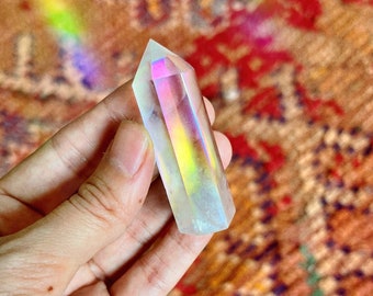 Angel aura crystal quartz obelisk, mystic quartz, fairy Quartz, rainbow iridescent, collectibles, crystal point, white clear crystal