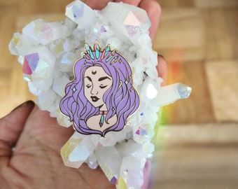 Crystal Crown Goddess Enamel Pin, Purple Hair Cosmic Moon Witch Lapel Pin for Denim Jacket or Backpack