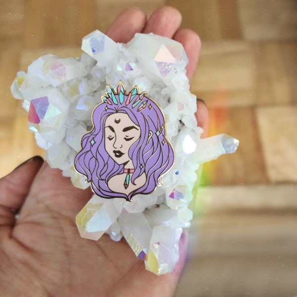 Crystal Crown Goddess Enamel Pin, Purple Hair Cosmic Moon Witch Lapel Pin for Denim Jacket or Backpack