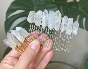 White Angel Aura Crystal Quartz Comb, White Mystic Quartz Comb, Crystal Quartz Bun Holder, Crystal Hair Accessories, handmade accessory